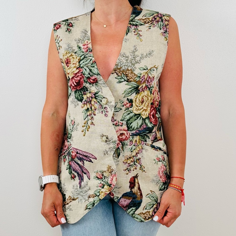 F. L. Malik Vintage 90s floral tapestry vest linen blend boho - Picture 4 of 11